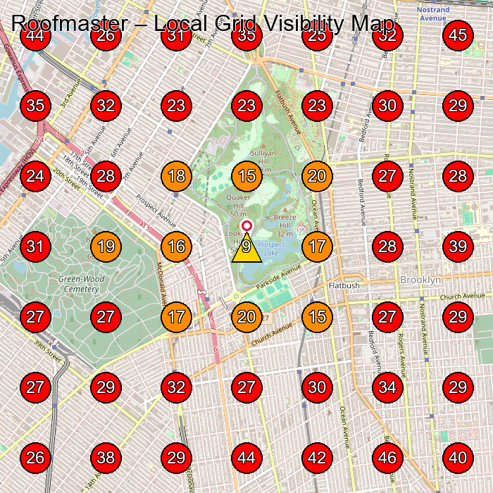 Roofmaster GeoGrid visibility map for Masonry Contractor in Brooklyn